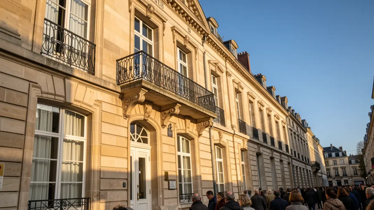 Image générique de la façade d'un hôtel de ville en pierre avec balcon et balustrade en fer forgé, sous un ciel bleu et un soleil d'après-midi.