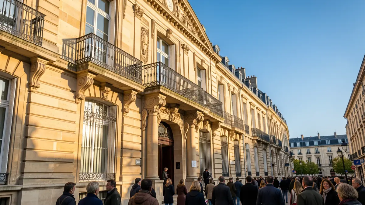 Generic image of a town hall facade with ornate balcony and iron railings, warm afternoon sunlight casting shadows on the sandstone walls, blue sky.