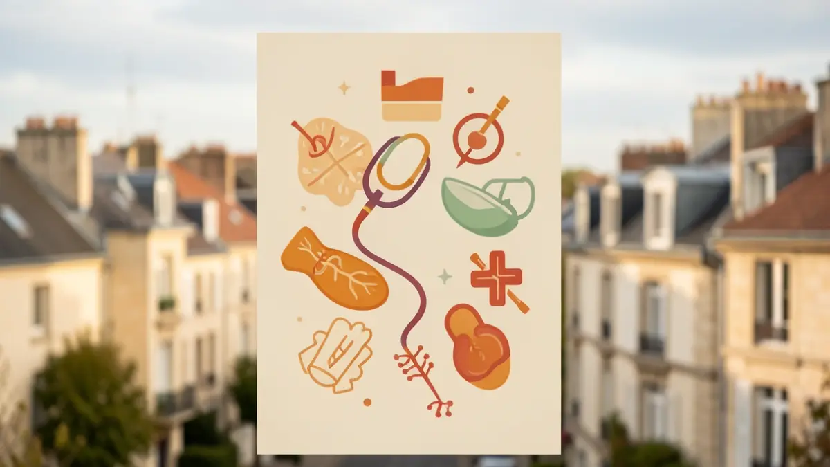 Image générique d'une affiche de santé publique promouvant la vaccination contre la grippe, avec des symboles médicaux abstraits et un paysage urbain flou en arrière-plan.