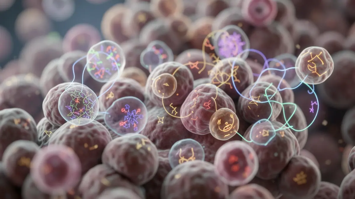 Generic image of ovarian tumor cells under a microscope, with stylized epigenetic markers.