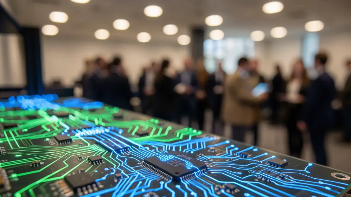 Generic image of a circuit board with glowing blue and green lines representing data flow, abstract evocation of artificial intelligence and data science.