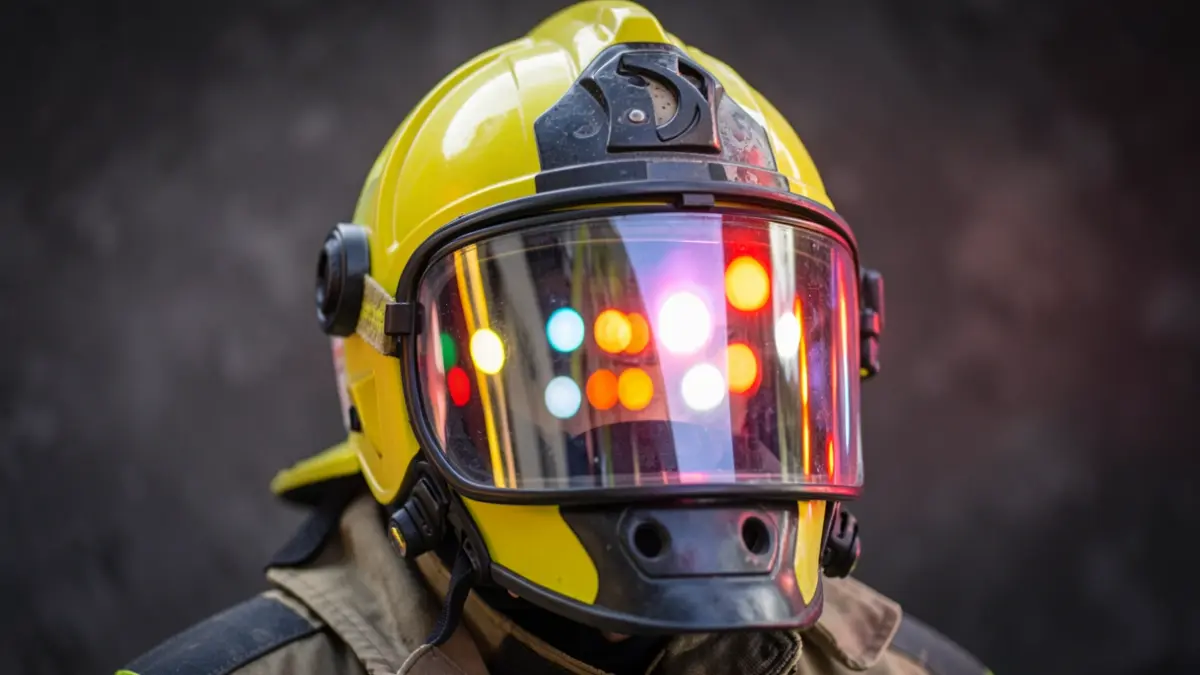 Image générique d'un casque de pompier avec des lumières d'urgence floues.
