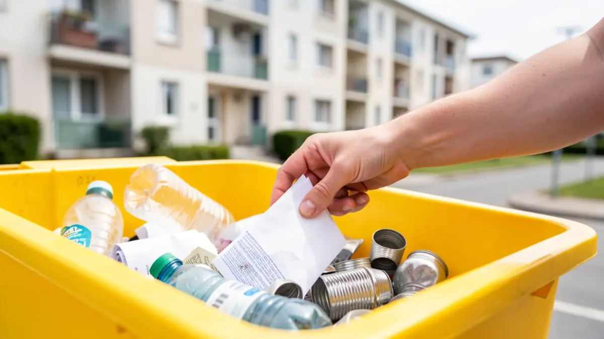 Hand sorting recyclable packaging into a yellow bin in front of a collective housing building in Île-de-France.