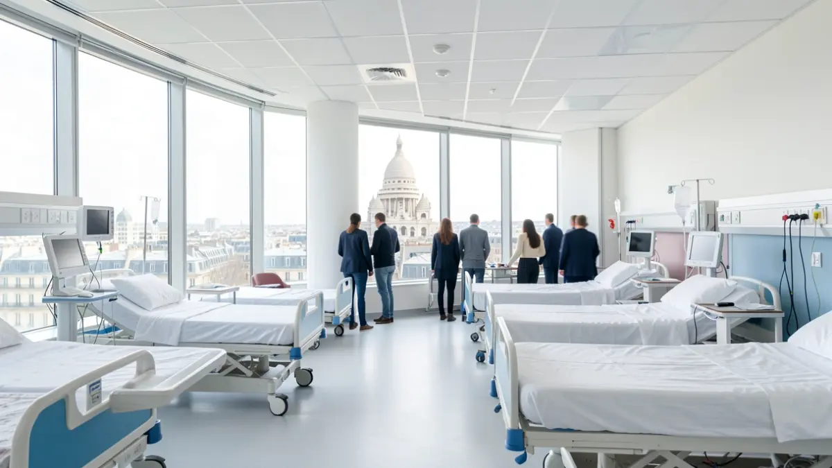 Generic image of a modern hospital interior with spacious rooms and a distant view of the Sacré-Cœur.