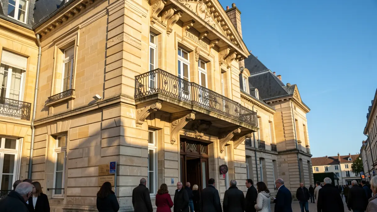 Stone facade of the Franconville town hall with an ornate balcony and iron railings, under the afternoon sun.