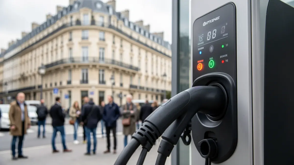 Electric vehicle charging station in Cergy, with typical Île-de-France buildings in the background.