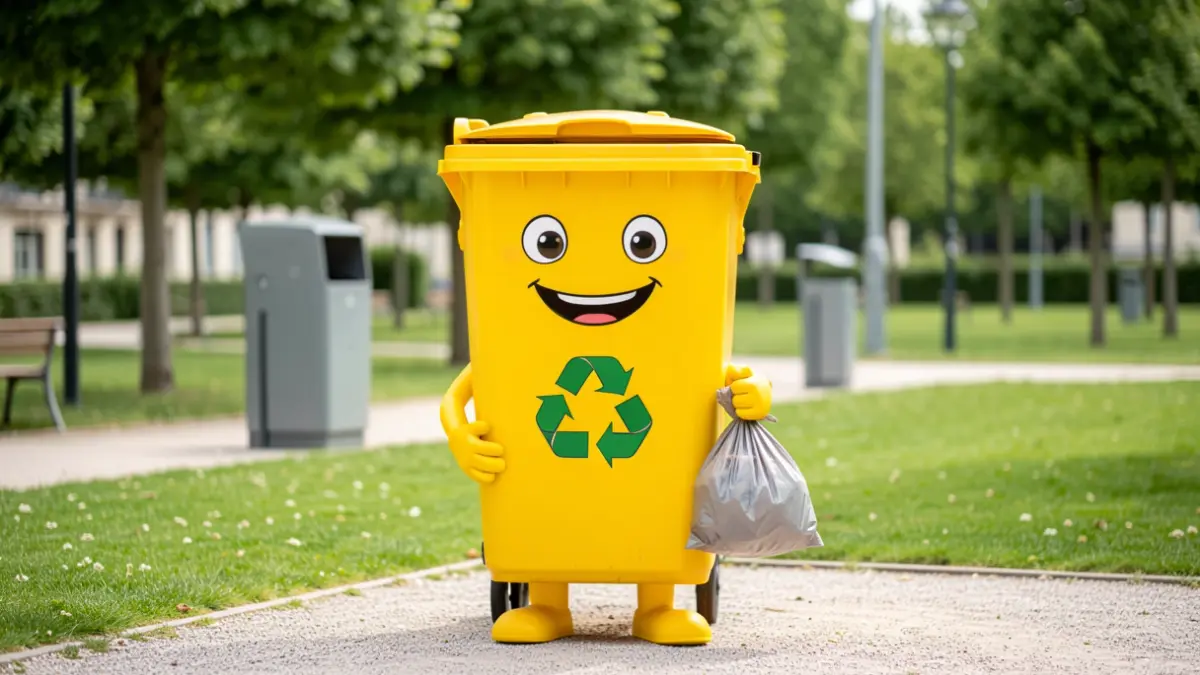 Generic image of a smiling yellow mascot in a clean urban park, holding a trash bag.