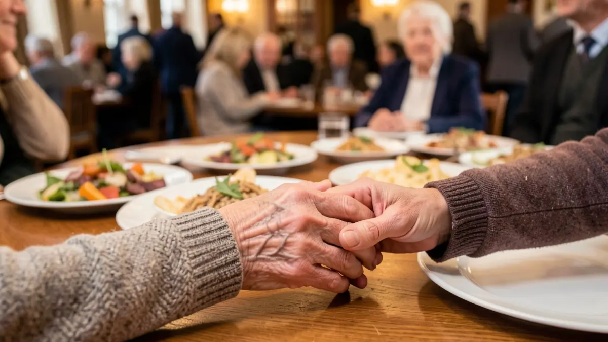 Generic image of senior and child hands touching over a meal table.