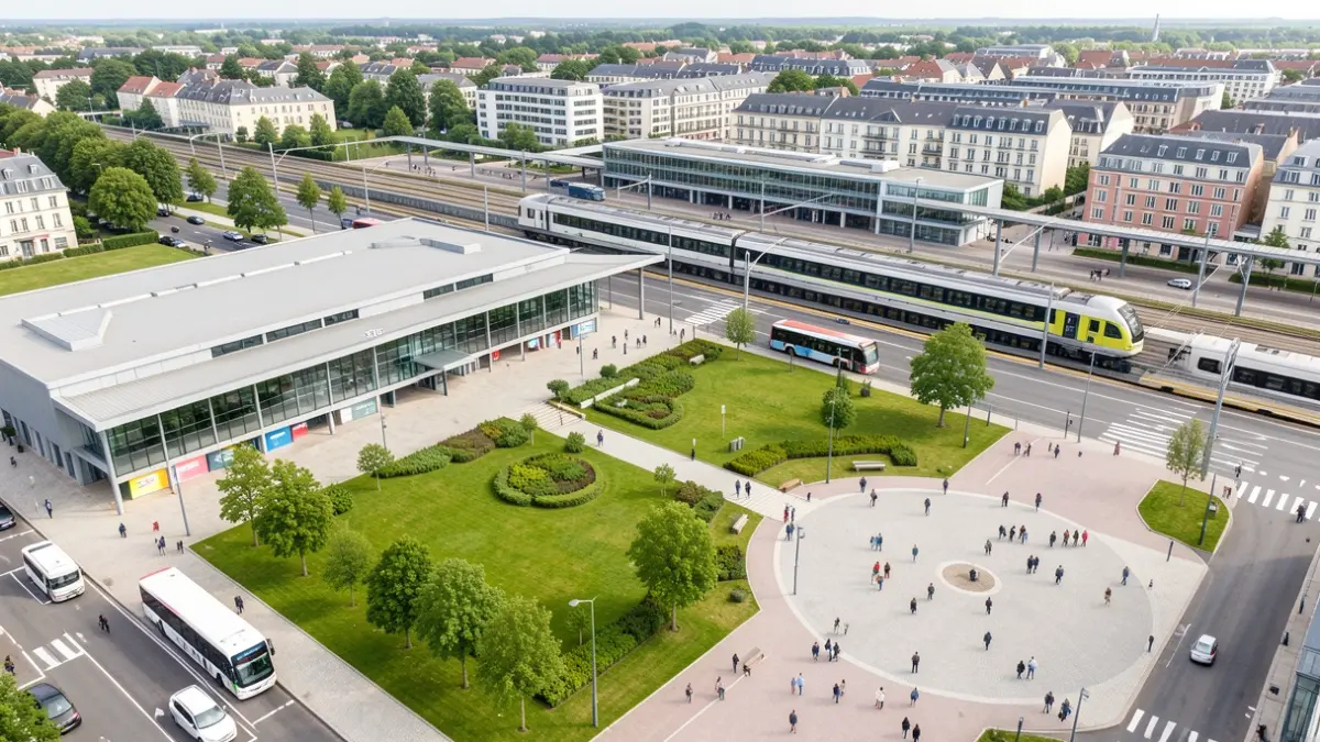 Generic image of a transformed station hub, featuring a modernized train station, a green bus station, and a new public square.