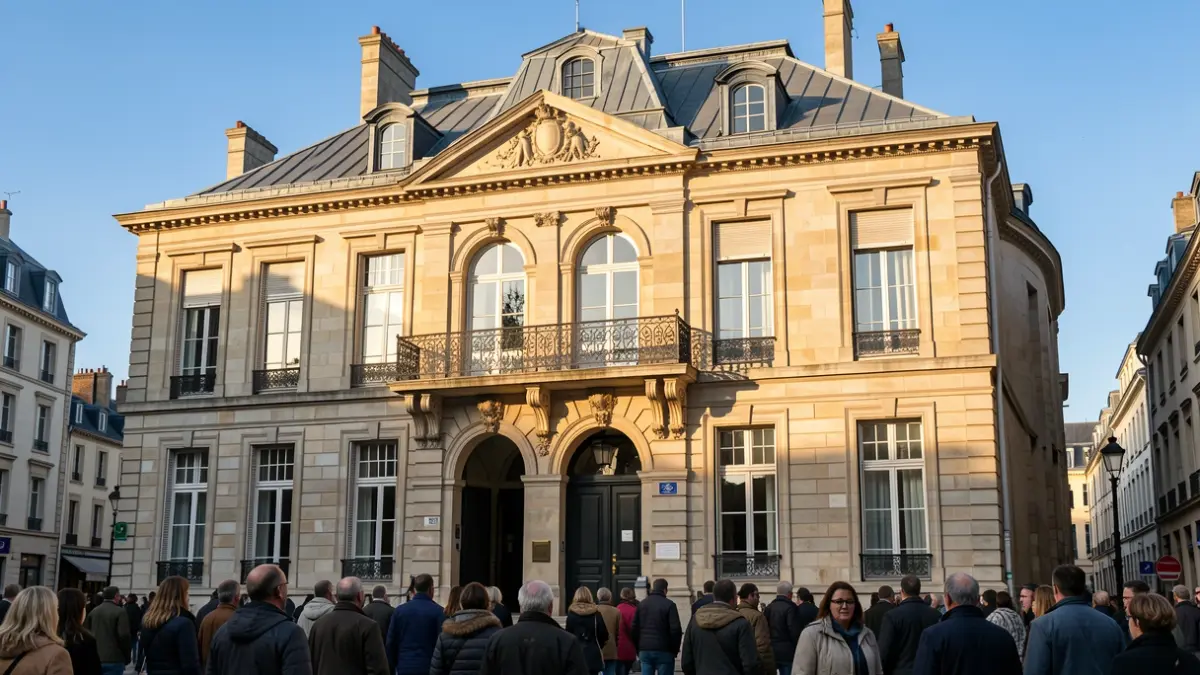 Façade en pierre d'une mairie d'Île-de-France avec balcon en fer forgé et toit en zinc, sous le soleil d'après-midi.