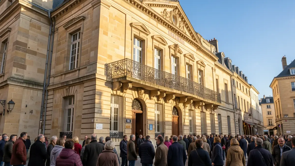 Image générique de la façade d'une mairie en pierre avec un balcon orné et des balustrades en fer forgé, baignée par la lumière chaude du soleil d'après-midi.