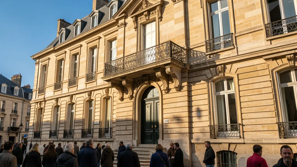 Generic image of a stone town hall facade with an ornate balcony and iron railings, under a blue sky and afternoon sun.