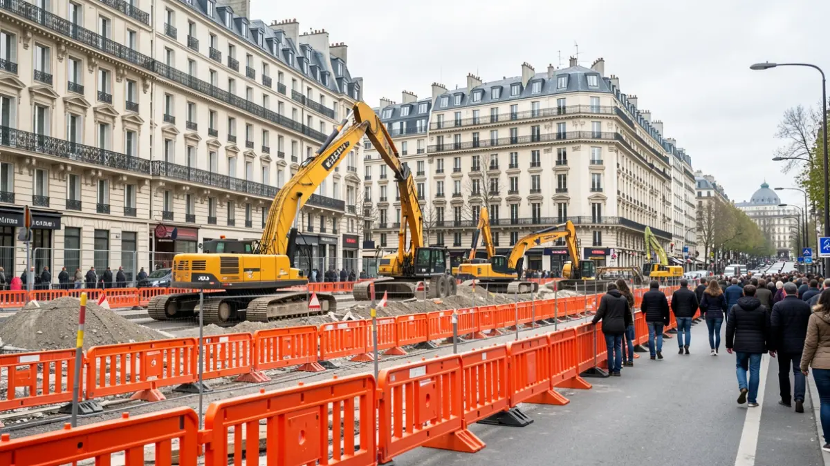 Image générique de chantier de travaux publics avec engins de chantier et barrières de sécurité sur une avenue parisienne.