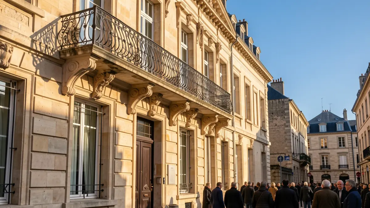 Image générique de la façade d'un hôtel de ville en pierre avec un balcon orné et des balustrades en fer, sous un soleil d'après-midi.