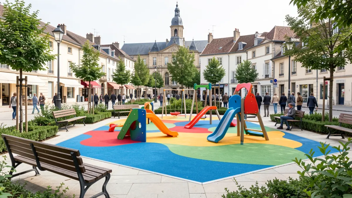 Generic image of a renovated public playground in a French town, featuring colorful equipment and green spaces.