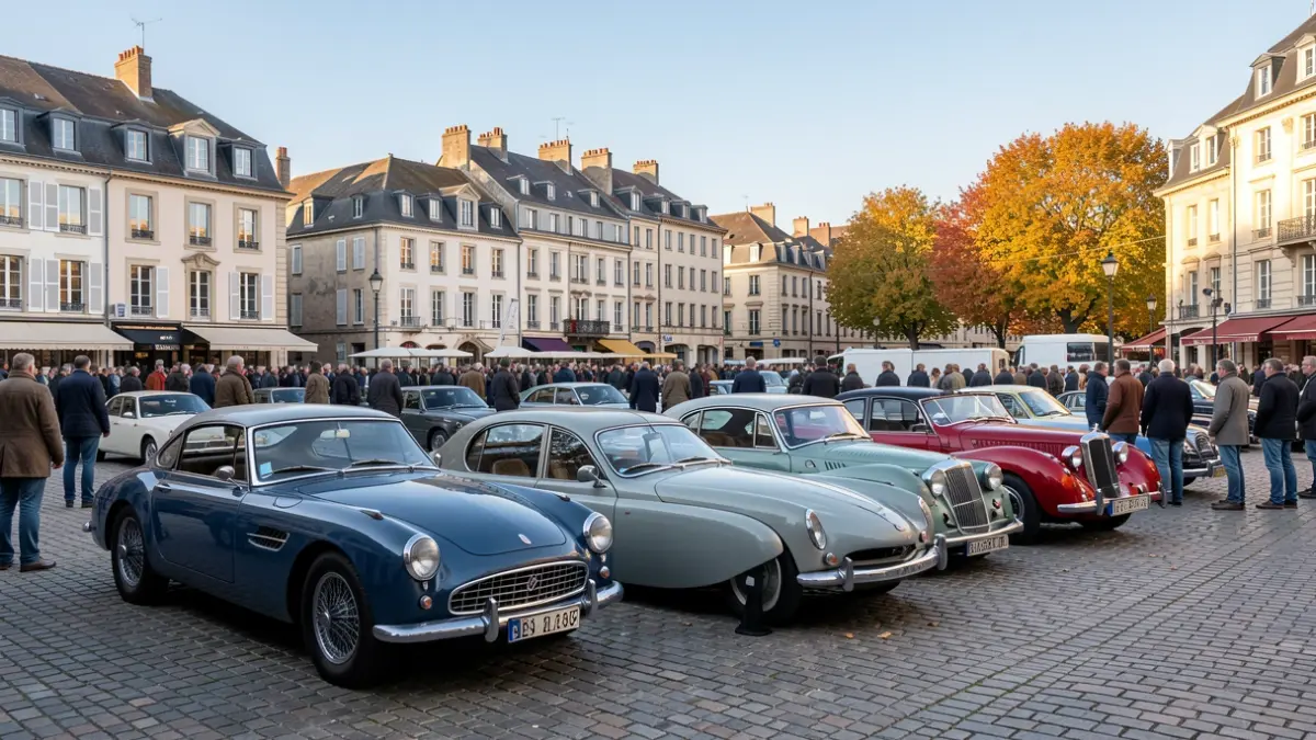 Exhibition of vintage vehicles in an Île-de-France village square.