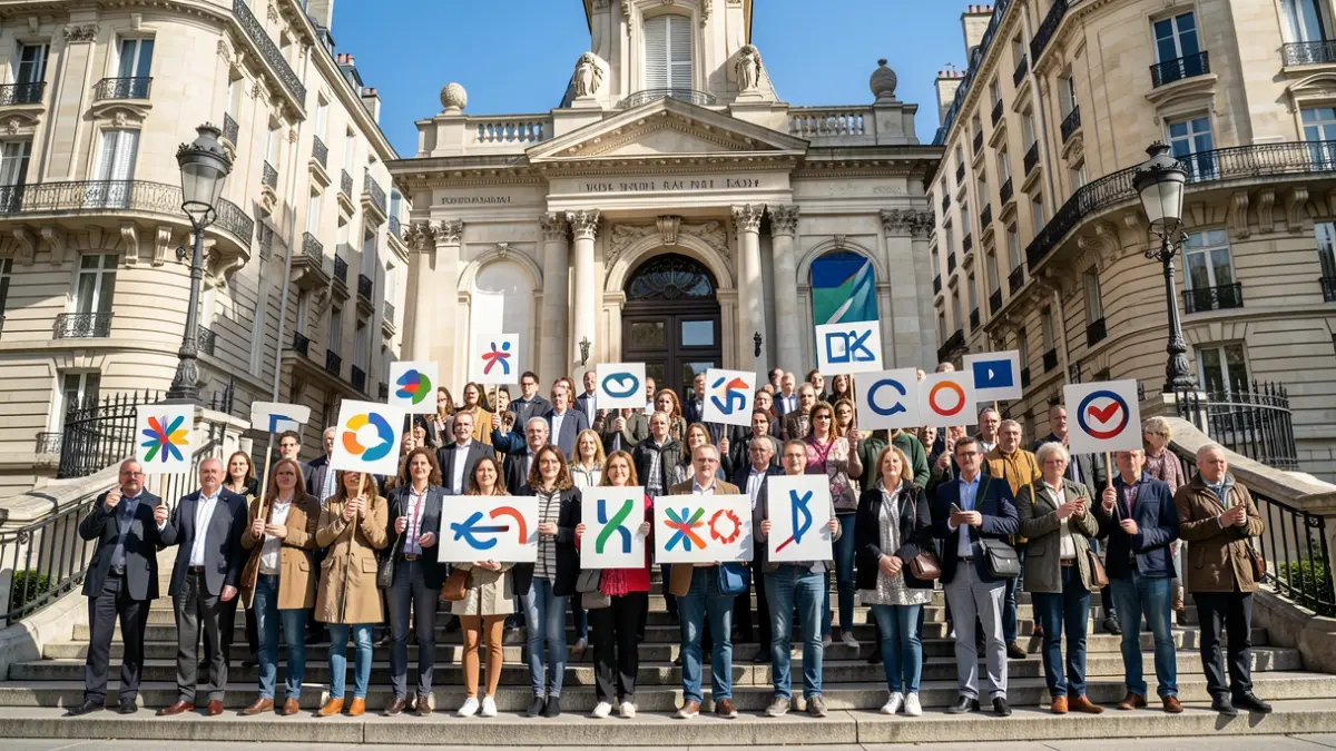 Image générique de personnes rassemblées pacifiquement devant un hôtel de ville de style haussmannien.
