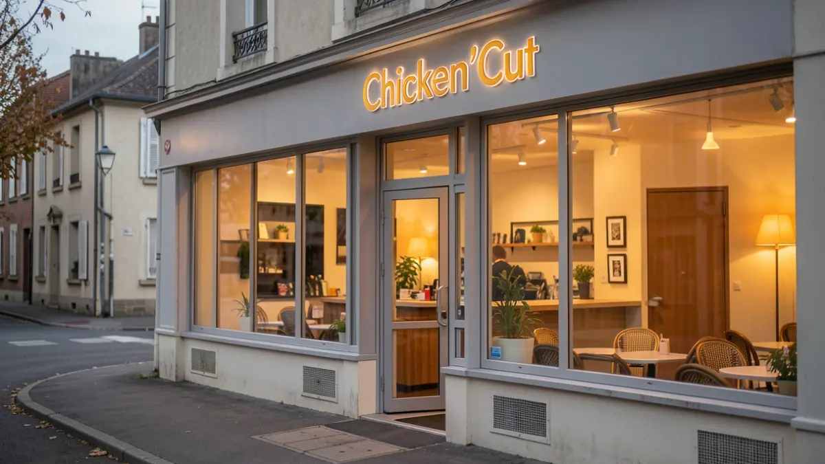 Image générique d'une façade de restaurant moderne avec enseigne, dans un cadre de ville de banlieue française.