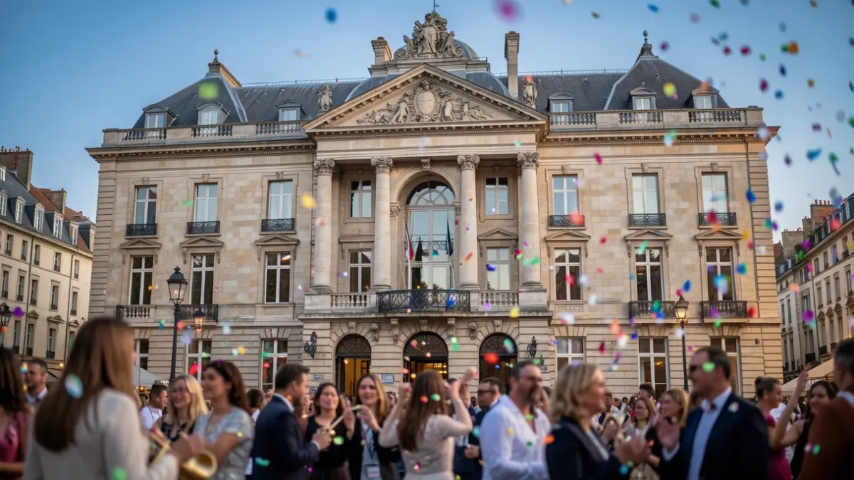 Facade of the Chilly-Mazarin town hall during the twinning celebration.