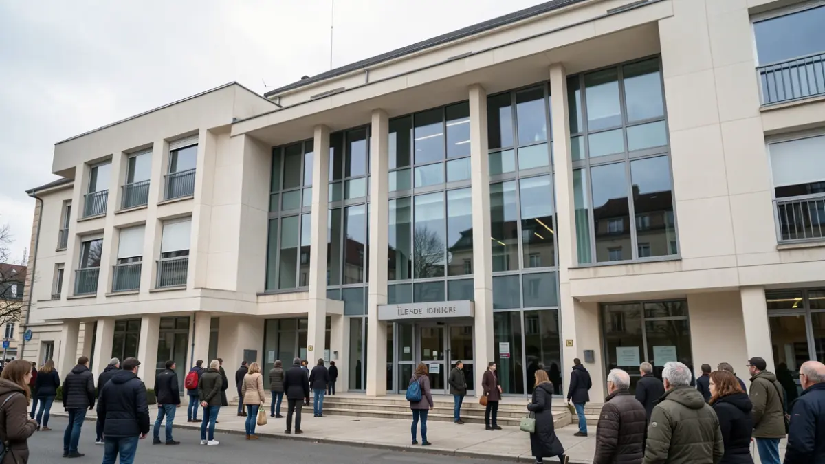 Image générique de la façade d'un bâtiment municipal moderne dans la région Île-de-France, sous un ciel légèrement couvert.