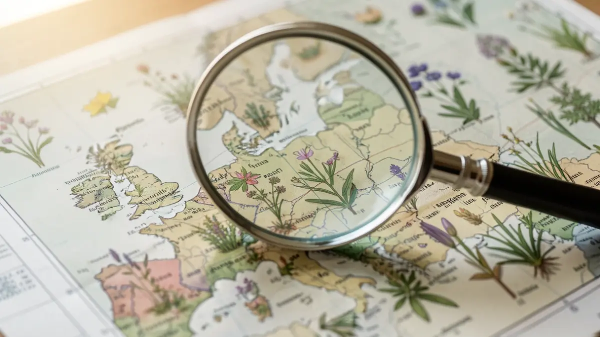 Generic image of a magnifying glass examining a detailed European botanical map with plant illustrations and distribution data.