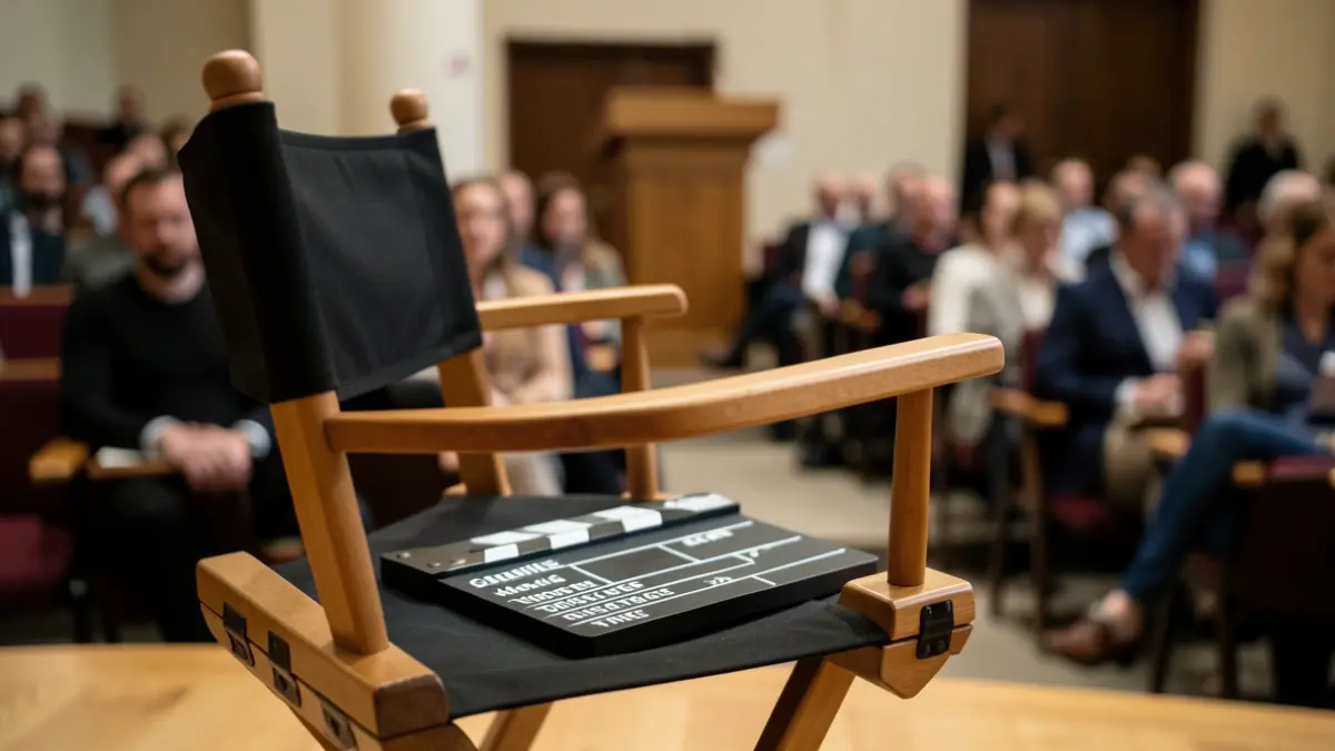 Image générique d'une chaise de réalisateur avec un clap, devant une salle de conférence vide.