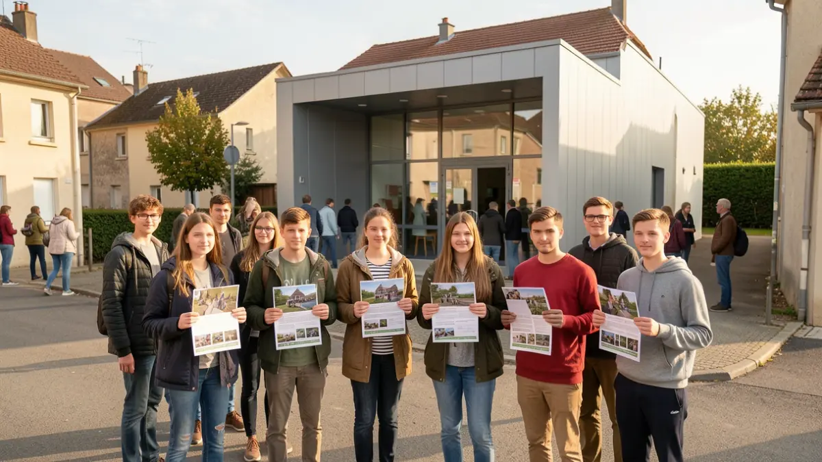 Generic image of young volunteers holding flyers in front of a community center.
