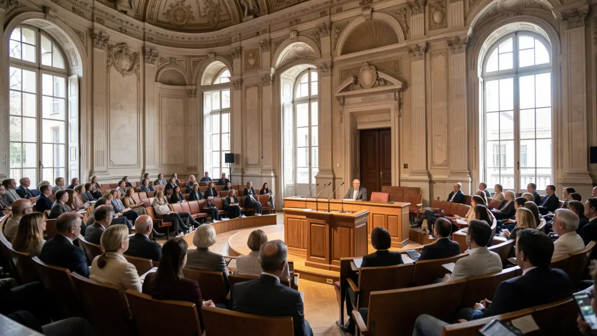Generic image: with empty seats and a podium.