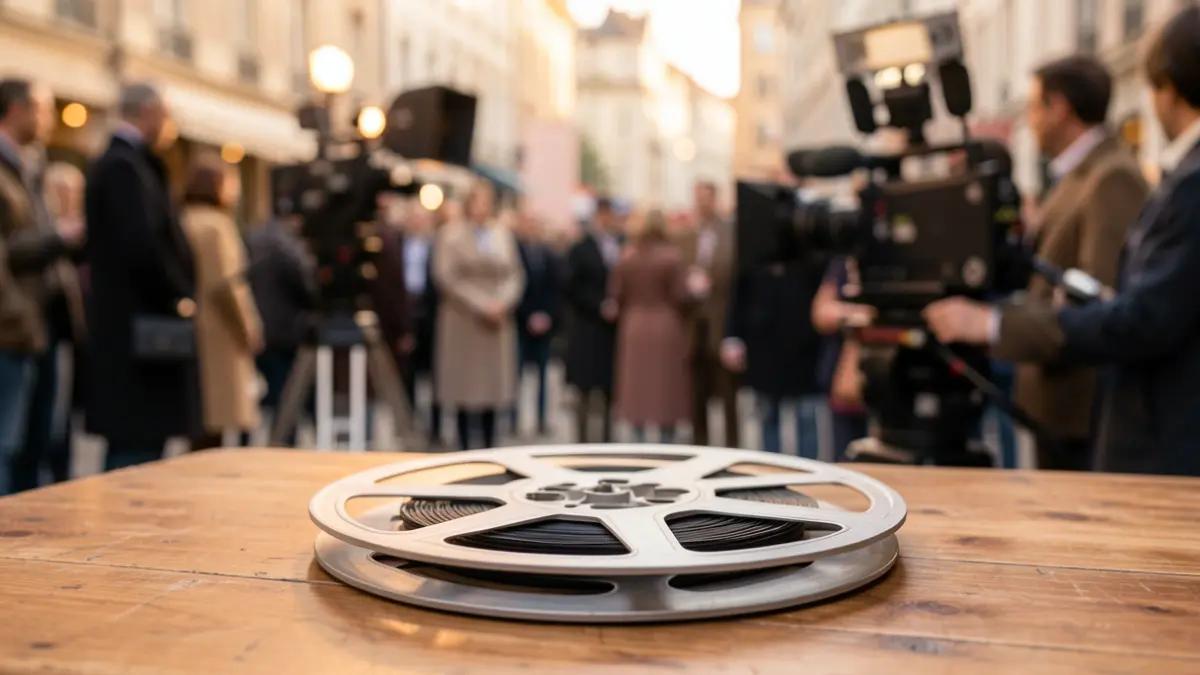 Image générique d'une bobine de film sur une table en bois, avec du matériel cinématographique flou en arrière-plan.