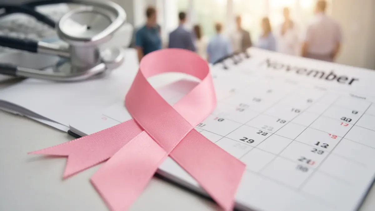 Image générique d'un ruban rose symbole de la lutte contre le cancer du sein, sur fond flou de matériel médical et d'un calendrier.