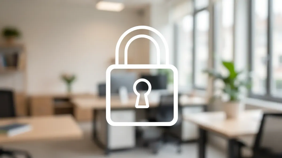 Generic image of digital security with a padlock on a blurred office background.