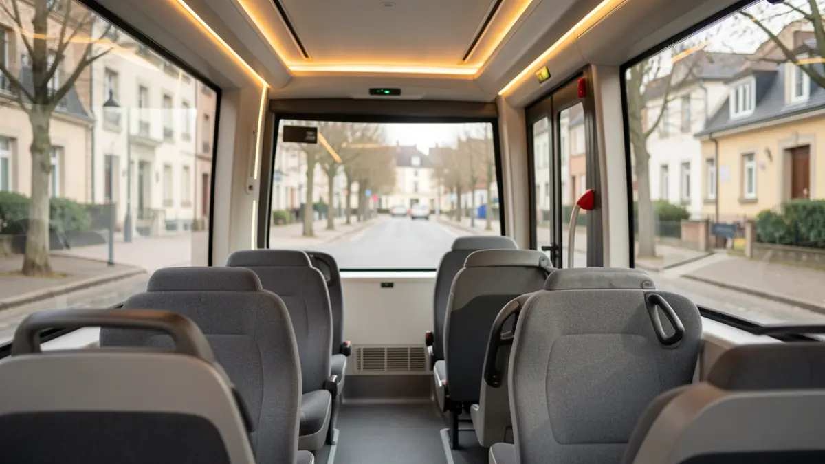 Image générique d'un intérieur de navette autonome électrique avec des sièges confortables et de grandes fenêtres, montrant une vue floue d'un paysage de banlieue française à l'extérieur, éclairage d'ambiance chaleureux, design épuré et futuriste.