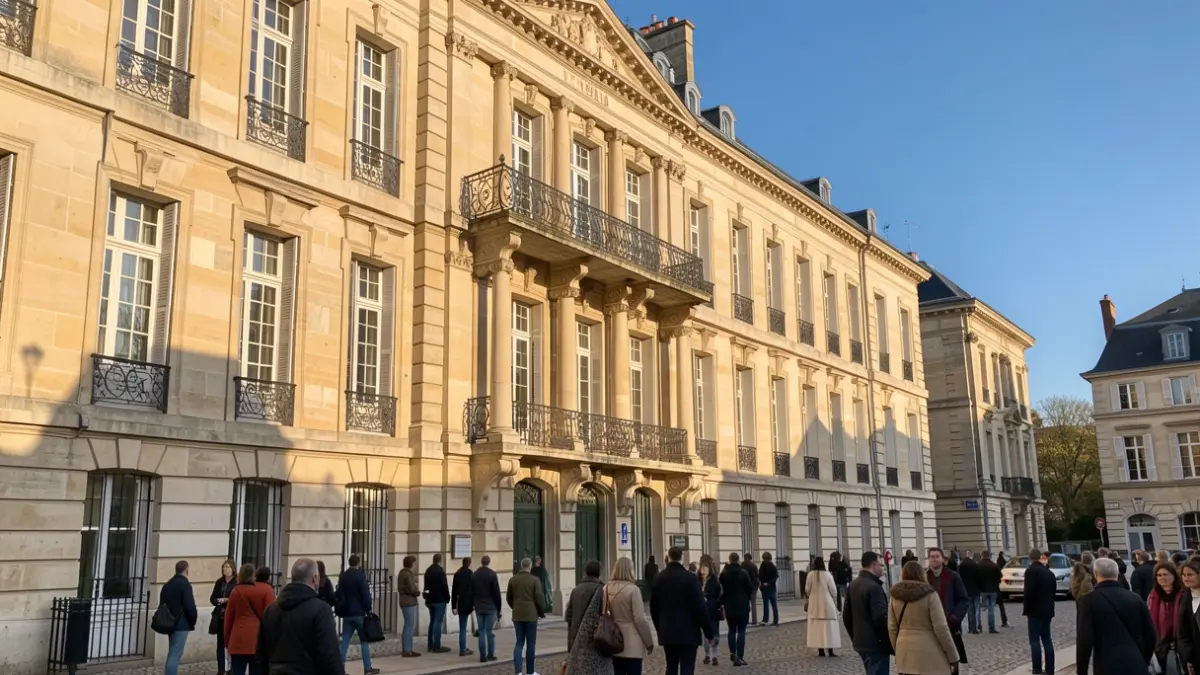 Generic image of a French town hall facade with an ornate balcony and iron railings. Warm afternoon light.