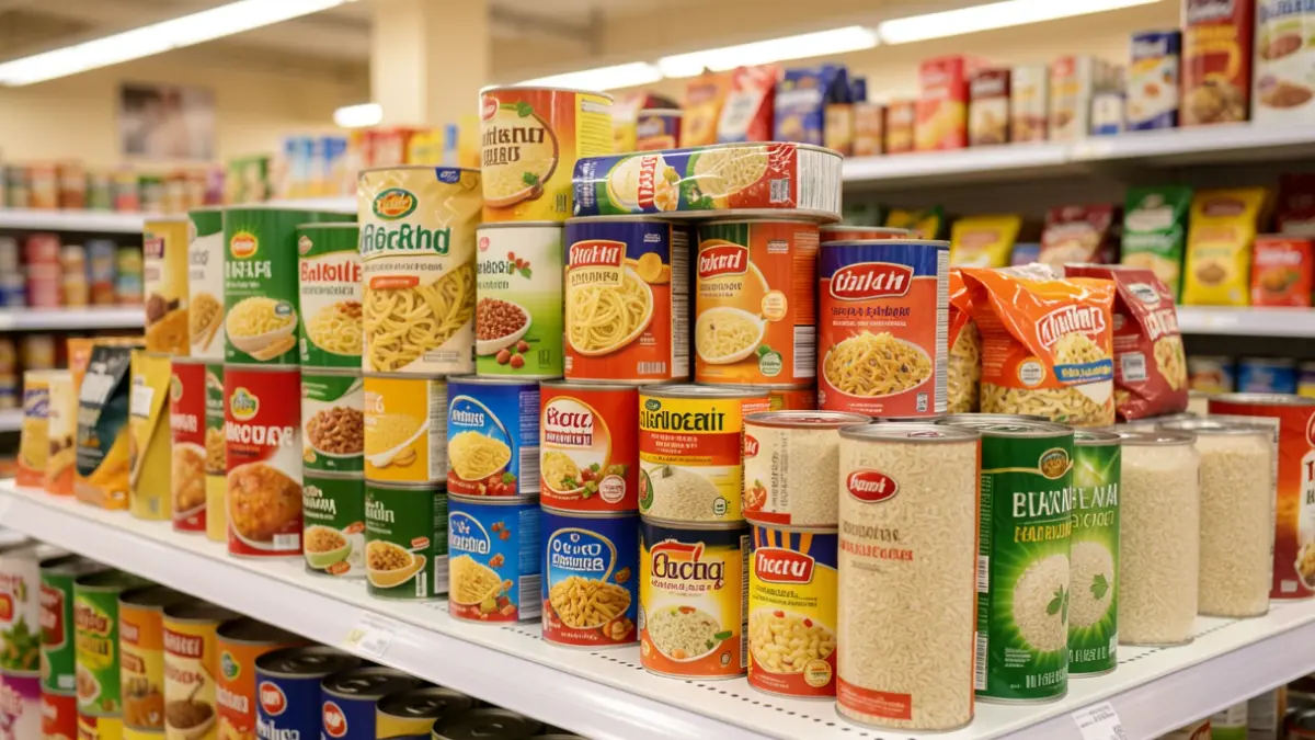 Image générique de produits alimentaires non périssables sur une étagère de supermarché.
