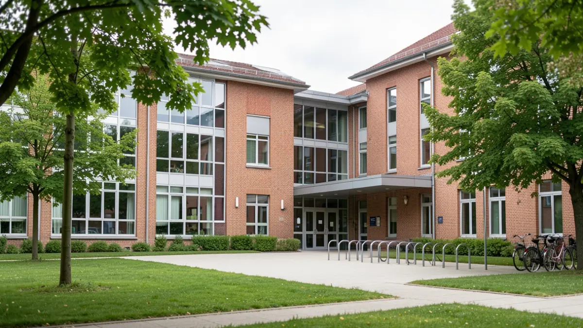 Generic image of a modern educational facility with green spaces and bicycle amenities.