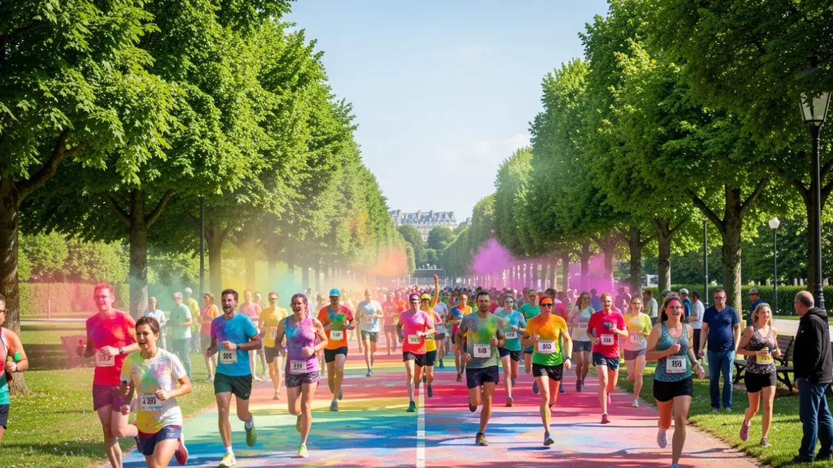 Image générique d'un parcours de course coloré dans un parc, avec des participants en mouvement et de la poudre colorée.