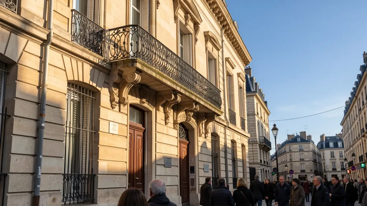 Generic image of a French town hall facade with an ornate balcony and iron railings, in the warm afternoon sun.