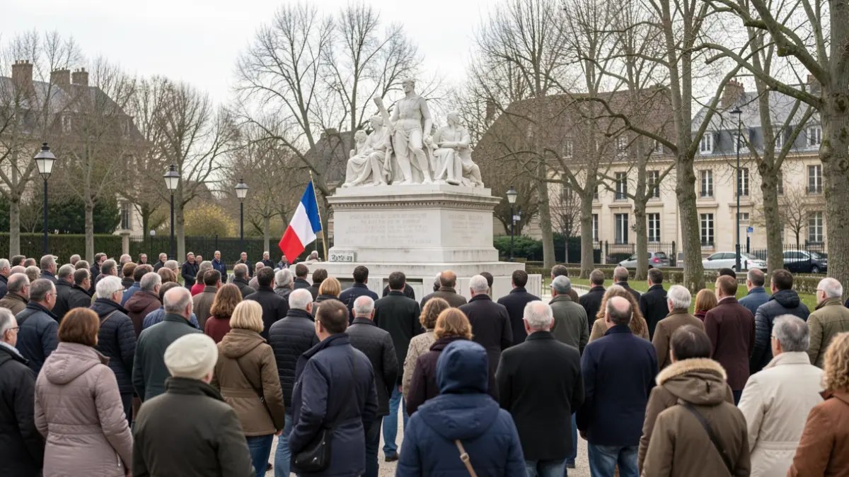 Image générique d'une cérémonie de commémoration devant un monument aux morts, avec un drapeau français et une foule recueillie.