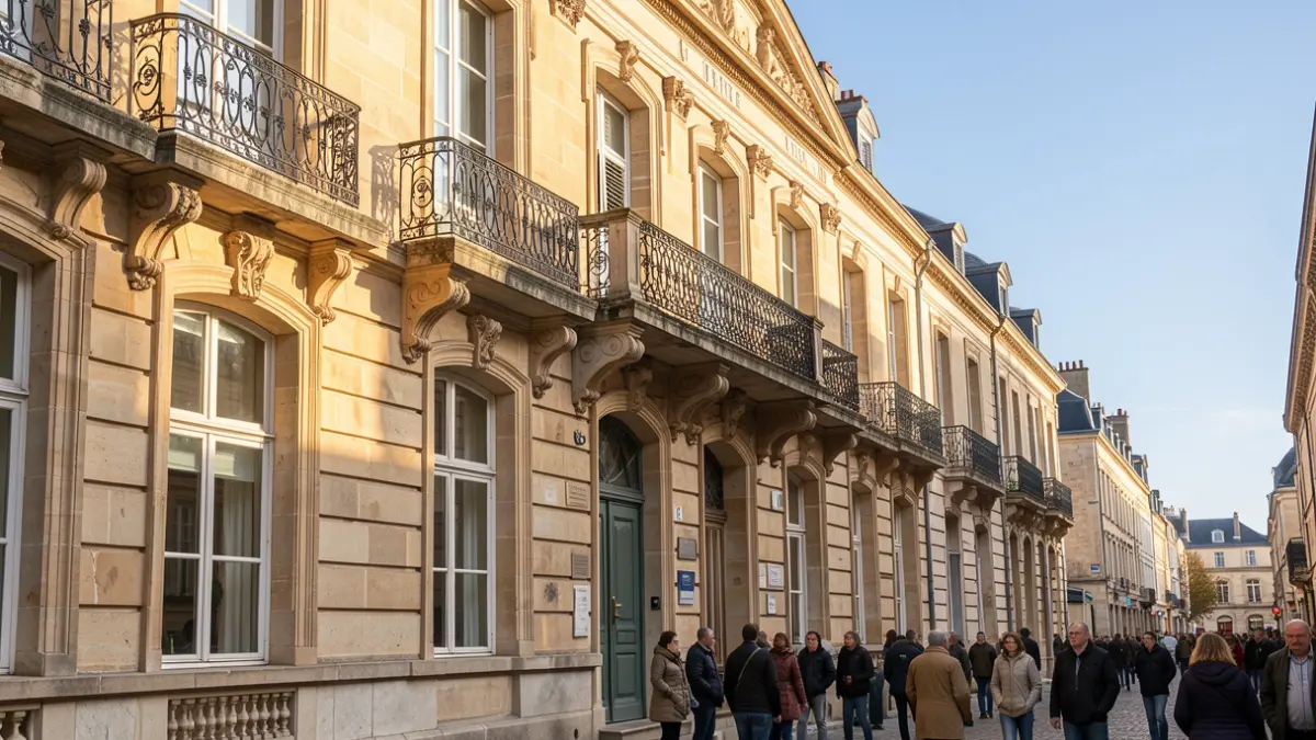 Generic image of a stone town hall facade with an ornate balcony and iron railings, under afternoon sunlight.