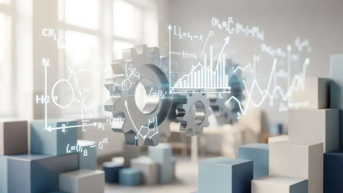Image générique représentant la circulation des connaissances scientifiques et l'innovation industrielle, avec des formules scientifiques et des graphiques flous se fondant dans des engrenages et des blocs abstraits.