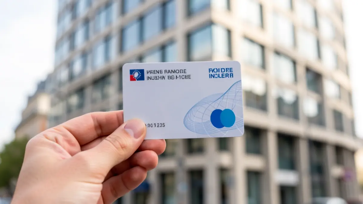 Close-up of a French health insurance card held by a hand, with a Parisian administrative building facade in the background.