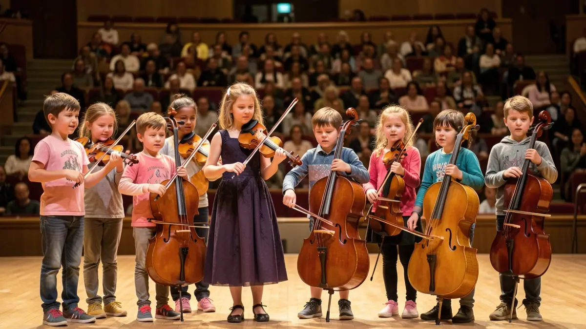 Image générique d'un groupe d'enfants musiciens sur scène, tenant des instruments de musique, dans une salle de concert éclairée.