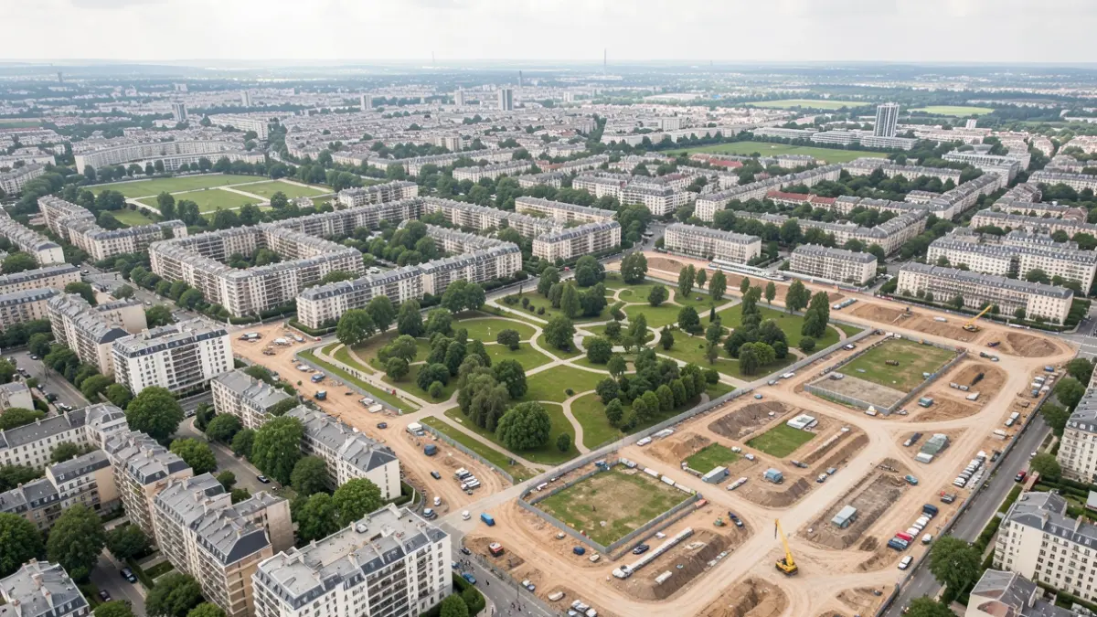 Generic image of an urban development project under construction in the Île-de-France region, featuring residential buildings and green spaces.