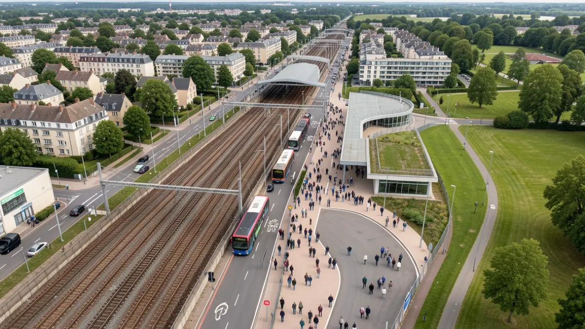 Image générique: avec des voies ferrées, des voies de bus et des allées piétonnes.