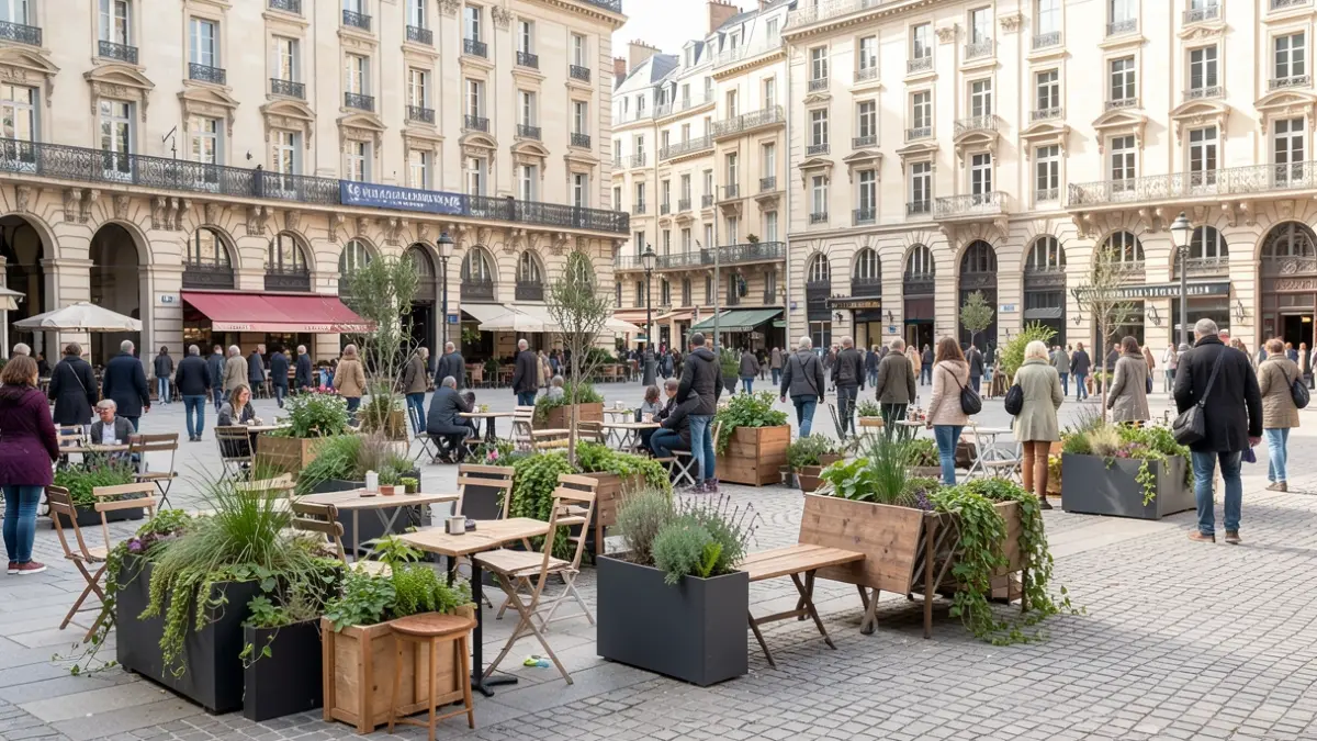 Image générique d'une place publique parisienne avec des aménagements temporaires.