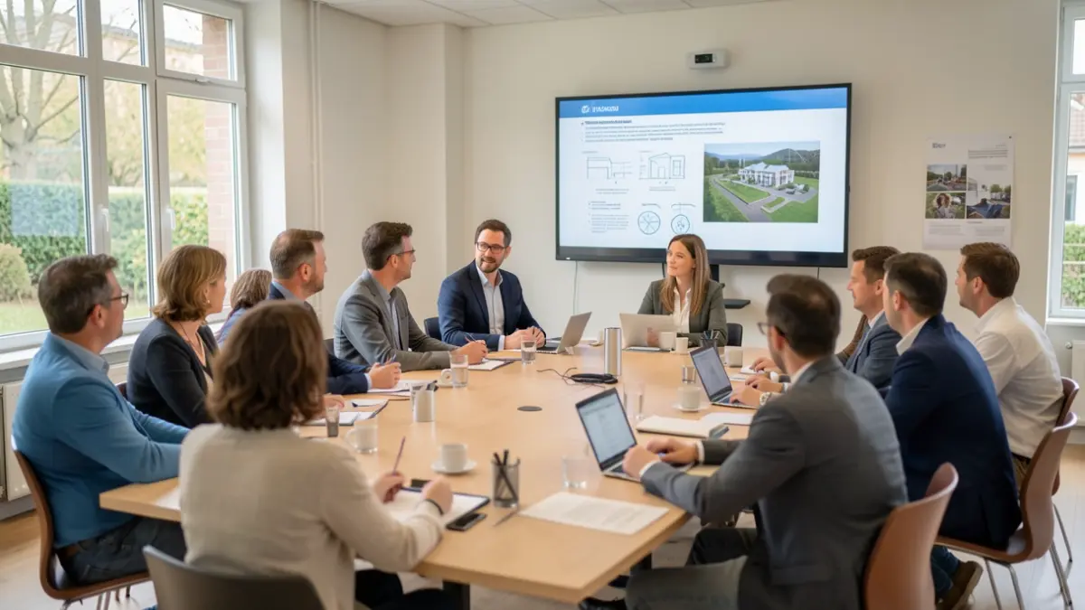 Generic image of a public consultation meeting in a modern community center in Île-de-France, with diverse attendees discussing project plans on a large screen.
