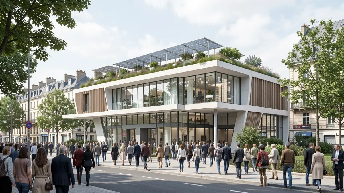 Generic image of architectural sketches of a modern, sustainable building in the Île-de-France style.