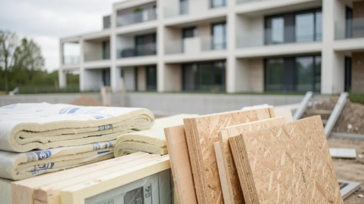 Image générique de matériaux de rénovation et d'un bâtiment résidentiel.