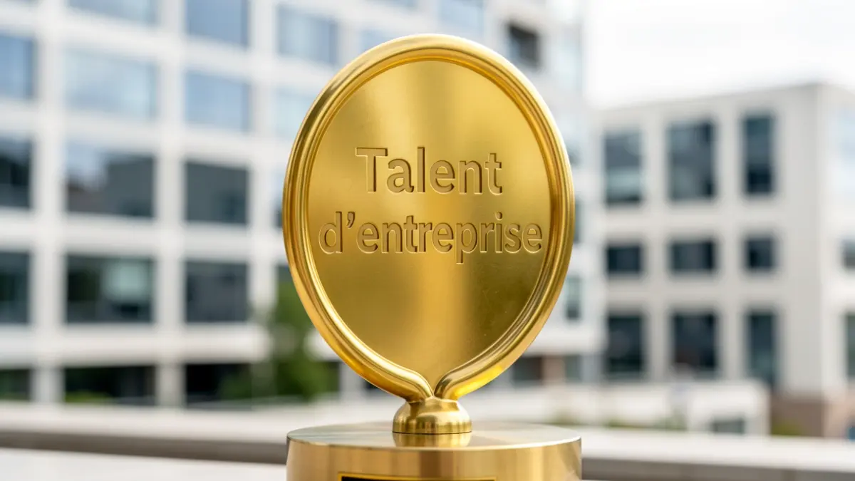 Generic image of a business trophy on a blurred background of office buildings.