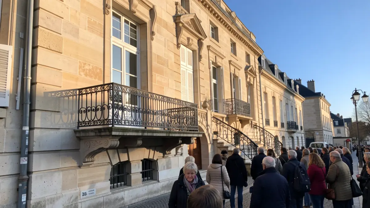 Stone facade of the Pontcarré town hall with ornate balcony and iron railings, warm afternoon sunlight casting shadows on the sandstone walls, blue sky.